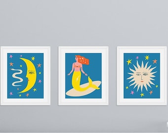 Celestial Boho Wall Art Prints - Playful Sun, Moon, & Mermaid Set, 8x10 Premium Poster Collection