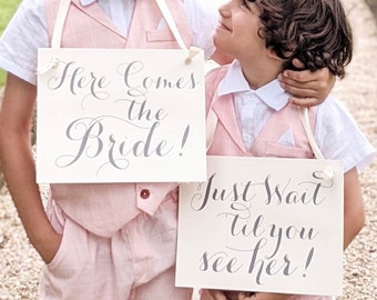 Set of 2 Wedding Signs Here Comes The Bride + Just Wait Til You See Her | Ring Bearer Flower Girl Ceremony Banners 2143