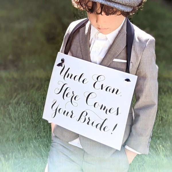 Personalized Here Comes Your Bride Sign Ring Bearer Flower Girl Groom's Name Banner for Niece Nephew Uncle Here Comes The Bride 2068