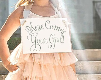 Romantic Wedding Sign for Ring Bearer or Flower Girl - Here Comes Your Girl in Whimsical Script