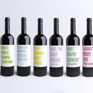 9 Mommy Milestone Wine Bottle Labels Baby Shower Gift Firsts Diaper Meltdown Tantrum Funny Push Present Basket 9222 image 1