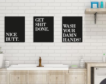 Set of 6 Humorous Bathroom Wall Prints, Bold Statements, Black & White Decor, 8x10 Unframed Premium Poster Set