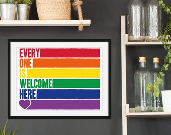 Rainbow Gay Pride Print Everyone Is Welcome Here 11x14 Inclusion Poster for LGBT Affirmation at School Office Dorm Walls