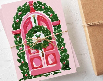 24 Nostalgic Christmas Front Door Cards in 4 Pink Home Illustrations with Envelopes 60305