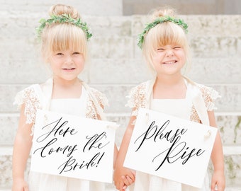 Flower Girl Ring Bearer Signs - Set of 2 Wedding Signs | Here Comes the Bride + Please Rise Banners Script 2164