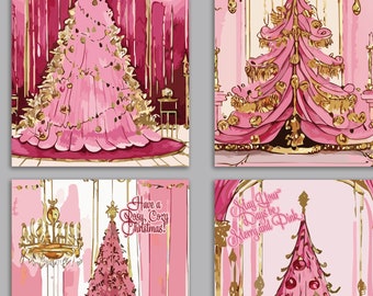 24 Versailles Yuletide Cards + Envelopes | Pink Christmas Trees & Chandeliers in 4 French Rose Illustrations 60282