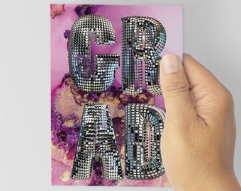 24 Pack Disco Ball Themed 'GRAD' Cards, Purple Haze Graduation Celebration Notecard Pack, Grad Party Stationery