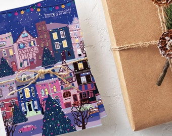 24 Merry and Bright Romantic Winter Snowy Town Cards with Envelopes