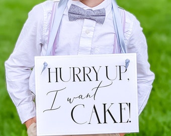 Hurry Up I Want Cake Paper Wedding Sign for Ring Bearer Flower Girl | Personalized Colors 3060