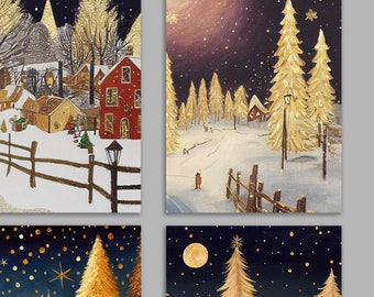 24 Nostalgic Snowy Christmas Village Cards in 4 Traditional Illustrations + Envelopes RR3 6966