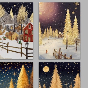 24 Nostalgic Snowy Christmas Village Cards in 4 Traditional Illustrations + Envelopes RR3 6966