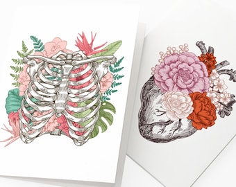 Anatomical Art Floral Greeting Cards | Set of 24 | Unique Medical Illustration Stationery in 2 Botanical Heart & Ribcage Designs