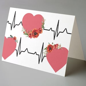 Conjunto de cartões com estampa floral de batimentos cardíacos para equipe médica - Pacote com 24 envelopes, cartões de agradecimento e cartões de felicitações em branco, agradecimento a enfermeiros e médicos