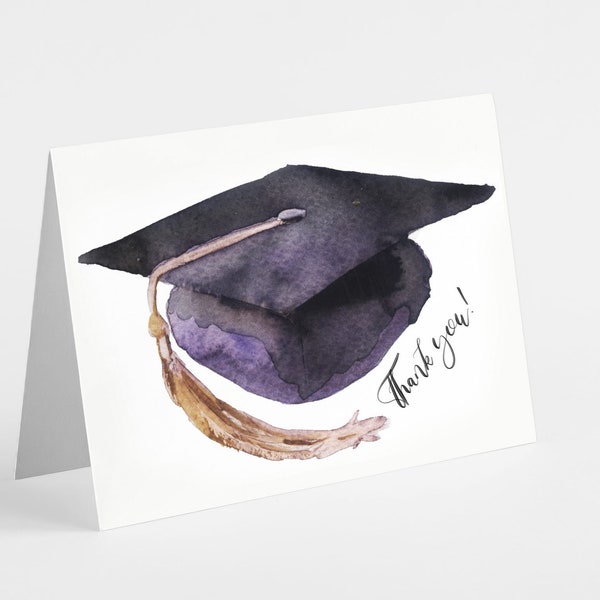 24 Thank You Cards Graduation | Watercolor Purple Black Grad Cap High School College | Blank Inside Envelopes Box Set Thanks 6502