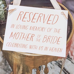 Mother of the Bride Wedding Memorial Sign for Chair at Wedding, Reserved Banner for Seat at Ceremony or Reception In Memory of Mom