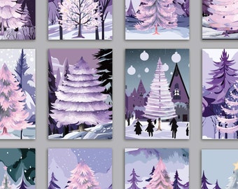 24 Watery Lavender Winter Tree Holiday Cards in 12 Whimsical Abstract Designs + Envelopes