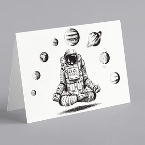 24 cartes d’astronautes méditant cosmiques avec enveloppes Planètes lune spatiales noires et blanches - Namaste Yoga Mindfulness All Occasion 6186