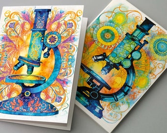 24-Pack Whimsical Microscope Art Cards, Watercolor Stationery Set for Science-Lovers