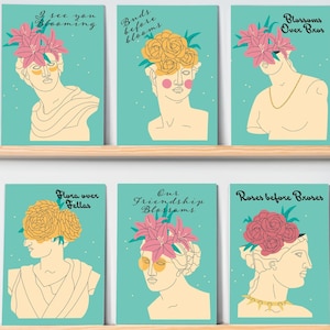Cartões comemorativos com estátuas de arte moderna - Conjunto de 6 designs com frases peculiares para amizade, poder feminino e empoderamento - Pacote com 24 com envelopes