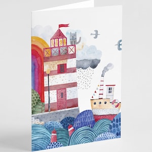 24 Whimsical Ocean Town Greeting Cards Set - Boat & Lighthouse Designs for Any Occasion, Vacation Notes, Just Because, Includes Envelopes