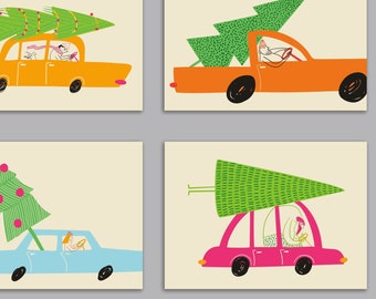 24 Bright Retro Vintage Cars with Christmas Trees Holiday Cards in 4 Colorful Designs + Envelopes RR3 66272