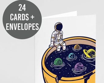 24 Cosmic Astronaut Coffee Greeting Cards - Outer Space Planets in Coffee Cup Cards + Envelopes 6542