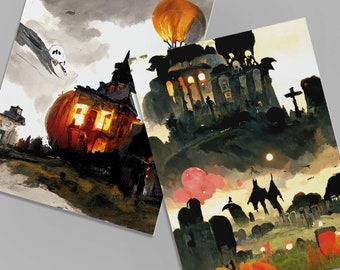 24-Pack Blank Halloween Greeting Cards + White Envelopes, Spooky Haunted House Stationery – Gothic-Inspired Art, Premium Cardstock 4 Designs
