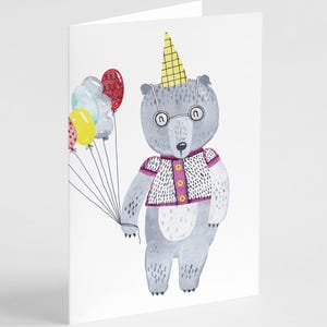 Bear Greeting Cards for Kids Birthday Party - 24 Adorable Animal Note Cards with Balloons for Invites or Thank You, Bulk Set with Envelopes