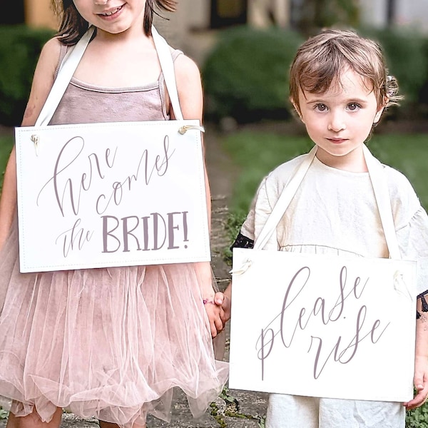 Set of 2 Ring Bearer Sign for Wedding Ceremony | Please Rise Featuring Here Comes the Bride | for Walking Down the Aisle