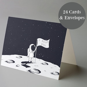 24 biglietti d'auguri "Mi manchi" a tema spaziale - Biglietti d'auguri per astronauti, cosmici e galattici, per gli amanti dello spazio, senza un motivo preciso, carta da lettere bianca