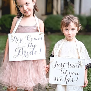 Set of 2 Wedding Signs Here Comes The Bride Just Wait Til You See Her Ring Bearer Flower Girl Ceremony Banners 2143 image 9