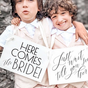 Set of 2 Ring Bearer Signs - "Here Comes the Bride" and "Just Wait Till You See Her" - Ring Bearer & Flower Girl Prop