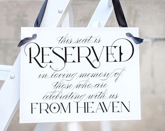 Może przedstawiać: Biały znak z czarnym tekstem, na którym napisano "This seat is RESERVED in loving memory of those who are celebrating with us FROM HEAVEN".