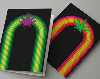 Chromatic Highs Greeting Cards, 24 Bold Spectrum Rainbow Greeting Cards + Envelopes, Retro Cannabis Leaf