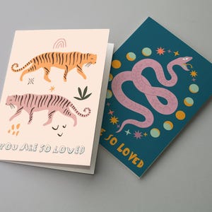 Boho Snake & Tiger Greeting Cards Boxed Set - 24 Encouragement Notecards with Envelopes, You Are Loved, Jungle Vibe, Motivational, Send Love