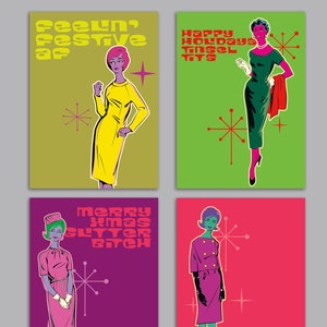 24 feestelijke Femme Fatale Retro jaren 60 kerstkaarten + enveloppen