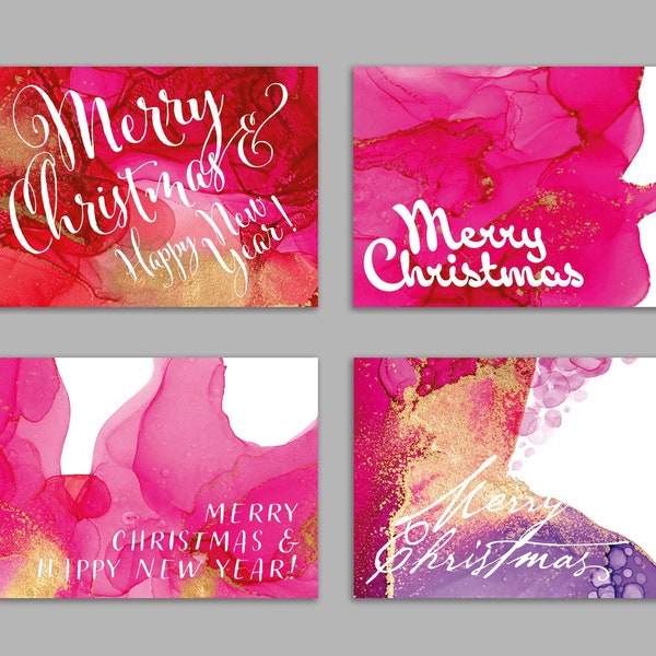 24 Hot Pink Merry Christmas Cards in 4 Bright Colorful Designs + Envelopes