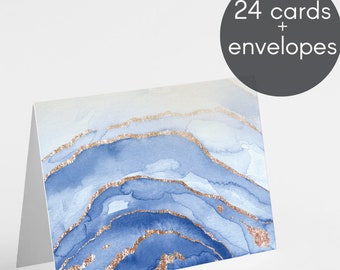 24 Blue Agate-Inspired Greeting Cards, Elegant All Occasion Notes, Watercolor Stationery Set