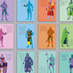 24 Colorful Knight Christmas Cards in 12 Funny Medieval Designs with Envelopes