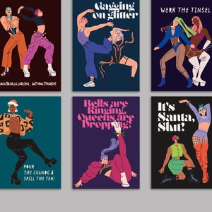24 kartki świąteczne Drag Queen w 6 nowoczesnych kolorowych ilustracjach queer z kopertami
