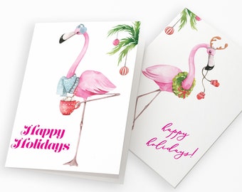 24 Girly Flamingo Happy Holidays Cards Pink Tropical Holidays Christmas Greetings Box Set Blank Holiday Notecards + Envelopes Bulk 6572