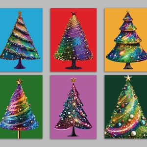 24 Sparkly Retro Christmas Tree Illustration Cards in 6 Glittery Colorful Designs with Envelopes