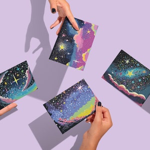 Paquet de 24 cartes de voeux galaxie, cartes de correspondance nuit étoilée cosmique, ensemble de papeterie céleste fantaisiste