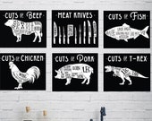6 Butcher Prints Vintage Meat Diagram Chart Illustrations Cuts of Meat Beef Chicken Pork Fish T-Rex 8x10 Unframed Kitchen Wall Art 8049