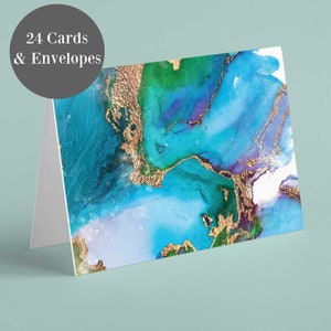 Cartões de felicitações de arte abstrata – Design de resina com folha de ouro e aquarela – Conjunto de caixa com 24 cartões