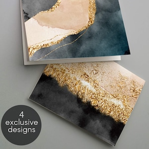 Zwart-gouden marmeren wenskaarten met gedrukt glitterdetail - doosset van 24 blanco kaarten met enveloppen