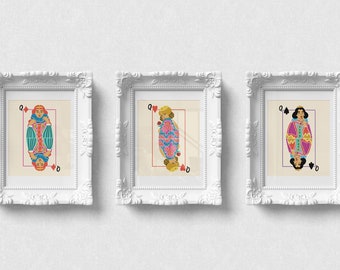 Set of 3 Playful Queen Playing Card Art Prints, Vibrant 8x10 Unframed Royal Wall Decor