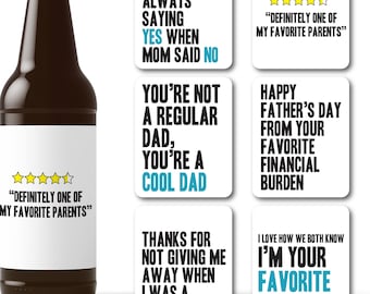 Funny Father's Day Beer Labels Gift for Dad | Present 6 Pack Beer Bottle Stickers | Favorite Child Hilarious Fathers Day Idea Daddy 7105