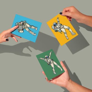 Wenskaarten dansende astronaut – Leuke boxset met ruimtethema (24 kaarten en enveloppen) – kleurrijk, 6 ontwerpen