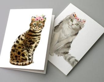 Cat Greeting Cards, Set of 24 Boho Felines with Floral Crowns, Blank Notecards with Envelopes